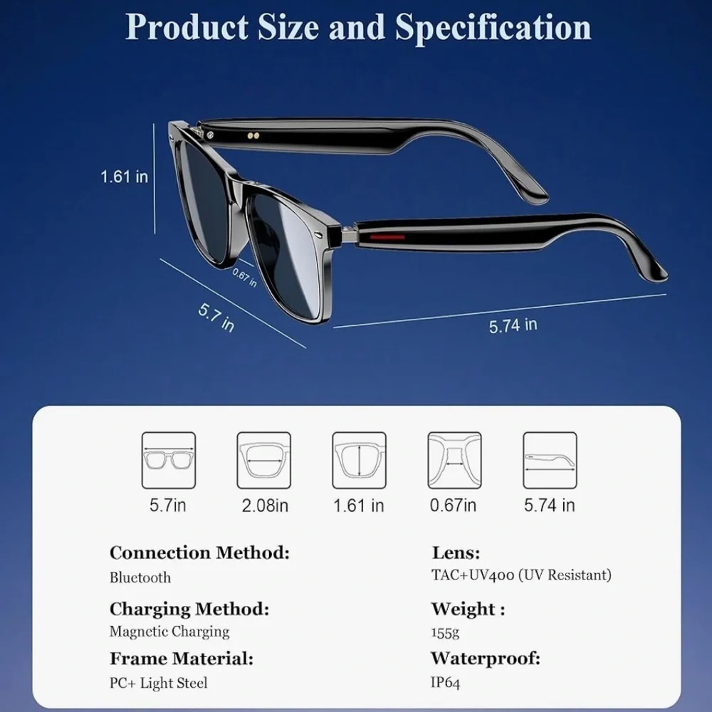 NIB- Handsfree Phone DMES AI SMART SUNGLASSES Black frames, UV lens